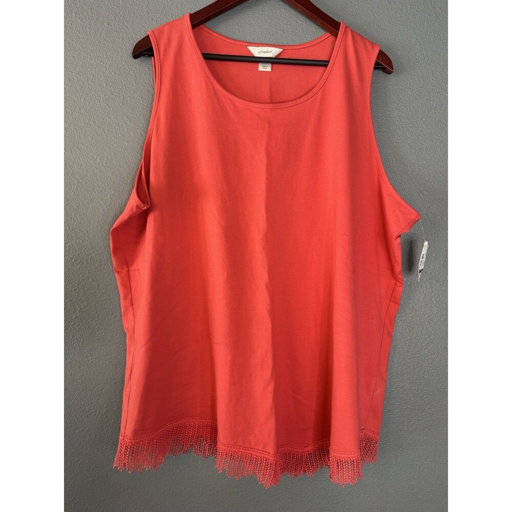 CJ Banks Women’s 2X Coral Sleeveless Tank Top Crochet Lace Hem 100% Cotton Plus